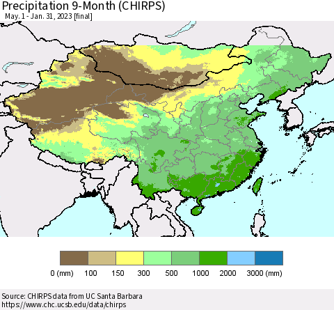 China, Mongolia and Taiwan Precipitation 9-Month (CHIRPS) Thematic Map For 5/1/2022 - 1/31/2023