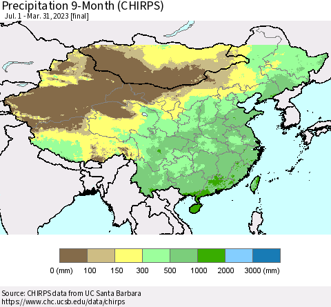 China, Mongolia and Taiwan Precipitation 9-Month (CHIRPS) Thematic Map For 7/1/2022 - 3/31/2023