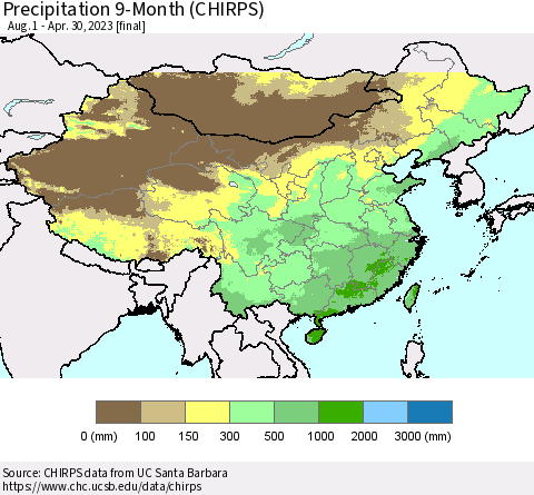 China and Taiwan Precipitation 9-Month (CHIRPS) Thematic Map For 8/1/2022 - 4/30/2023