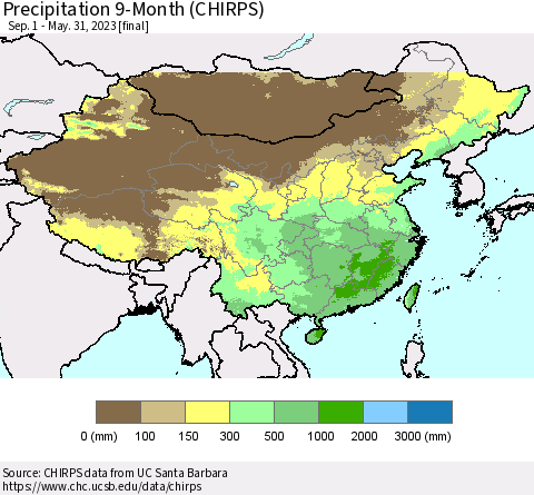 China, Mongolia and Taiwan Precipitation 9-Month (CHIRPS) Thematic Map For 9/1/2022 - 5/31/2023