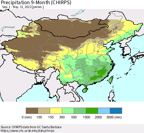 China and Taiwan Precipitation 9-Month (CHIRPS) Thematic Map For 9/1/2022 - 5/31/2023