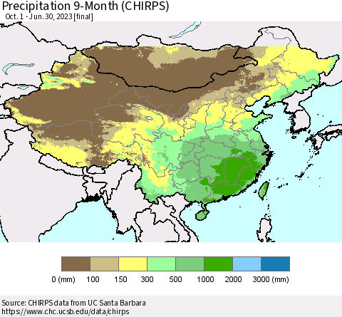 China, Mongolia and Taiwan Precipitation 9-Month (CHIRPS) Thematic Map For 10/1/2022 - 6/30/2023