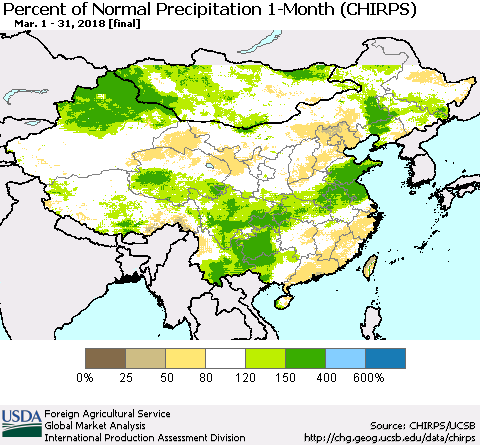 China, Mongolia and Taiwan Percent of Normal Precipitation 1-Month (CHIRPS) Thematic Map For 3/1/2018 - 3/31/2018
