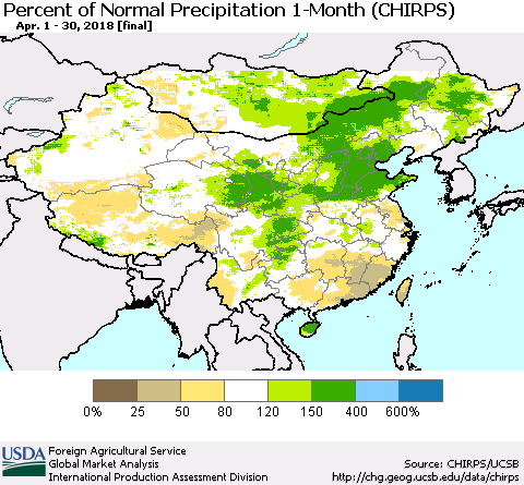 China, Mongolia and Taiwan Percent of Normal Precipitation 1-Month (CHIRPS) Thematic Map For 4/1/2018 - 4/30/2018