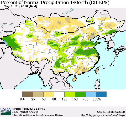 China, Mongolia and Taiwan Percent of Normal Precipitation 1-Month (CHIRPS) Thematic Map For 5/1/2018 - 5/31/2018
