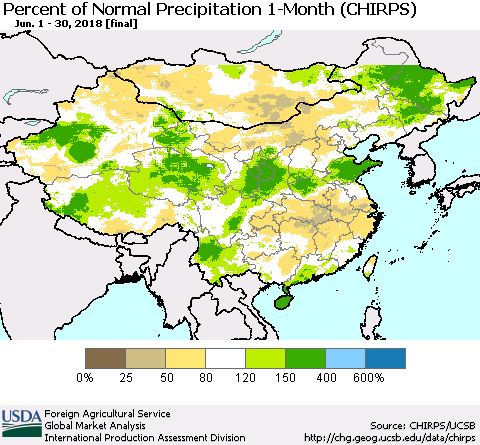 China, Mongolia and Taiwan Percent of Normal Precipitation 1-Month (CHIRPS) Thematic Map For 6/1/2018 - 6/30/2018