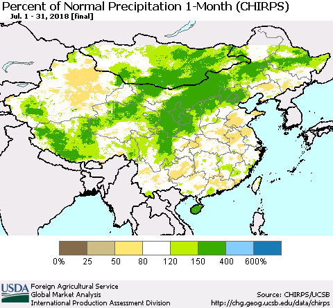 China, Mongolia and Taiwan Percent of Normal Precipitation 1-Month (CHIRPS) Thematic Map For 7/1/2018 - 7/31/2018