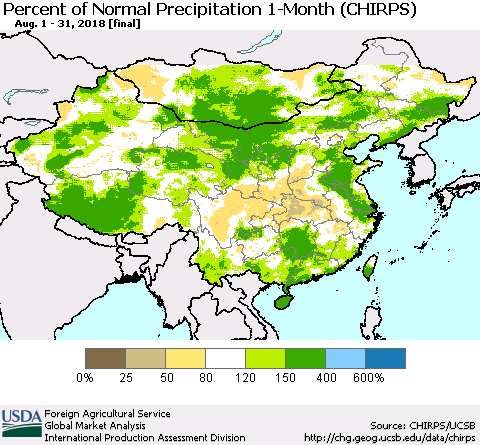 China, Mongolia and Taiwan Percent of Normal Precipitation 1-Month (CHIRPS) Thematic Map For 8/1/2018 - 8/31/2018