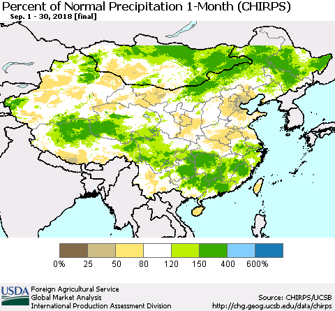 China and Taiwan Percent of Normal Precipitation 1-Month (CHIRPS) Thematic Map For 9/1/2018 - 9/30/2018