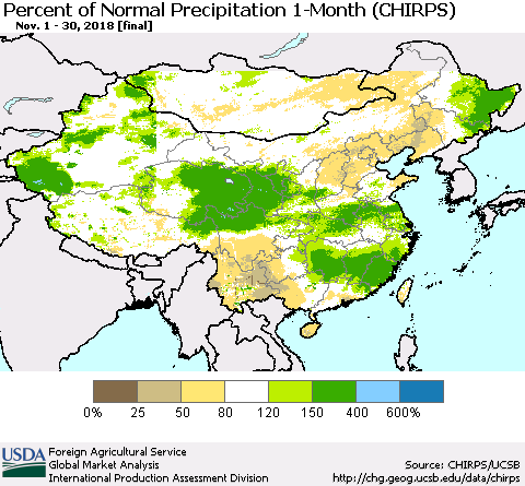 China, Mongolia and Taiwan Percent of Normal Precipitation 1-Month (CHIRPS) Thematic Map For 11/1/2018 - 11/30/2018