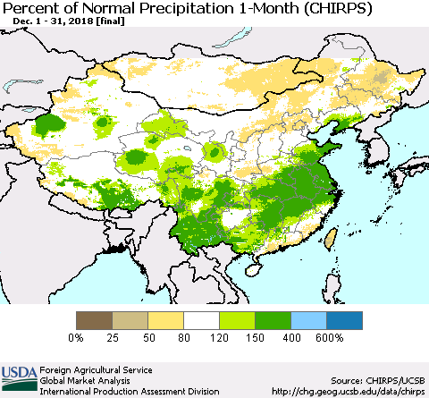 China and Taiwan Percent of Normal Precipitation 1-Month (CHIRPS) Thematic Map For 12/1/2018 - 12/31/2018