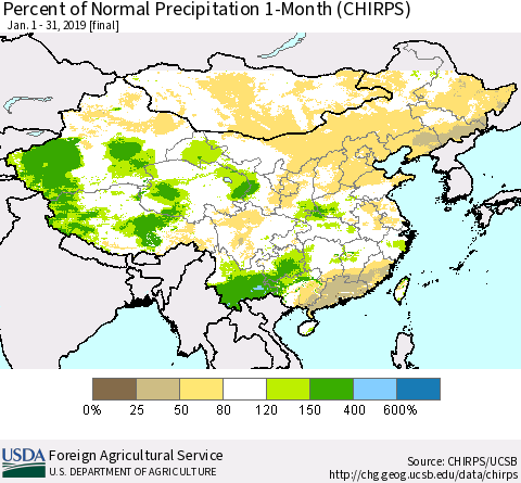 China and Taiwan Percent of Normal Precipitation 1-Month (CHIRPS) Thematic Map For 1/1/2019 - 1/31/2019