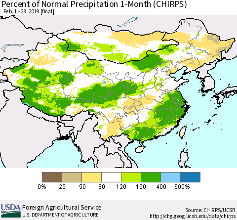 China and Taiwan Percent of Normal Precipitation 1-Month (CHIRPS) Thematic Map For 2/1/2019 - 2/28/2019