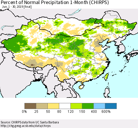 China and Taiwan Percent of Normal Precipitation 1-Month (CHIRPS) Thematic Map For 6/1/2019 - 6/30/2019