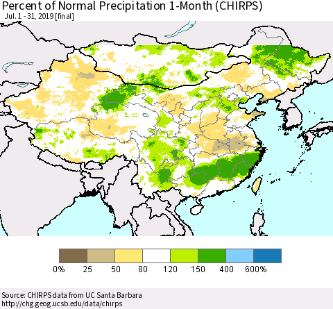 China, Mongolia and Taiwan Percent of Normal Precipitation 1-Month (CHIRPS) Thematic Map For 7/1/2019 - 7/31/2019