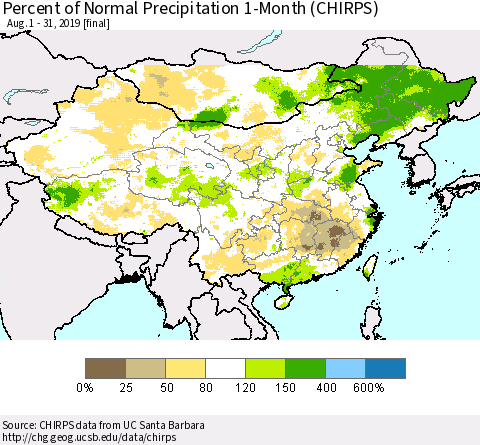 China and Taiwan Percent of Normal Precipitation 1-Month (CHIRPS) Thematic Map For 8/1/2019 - 8/31/2019