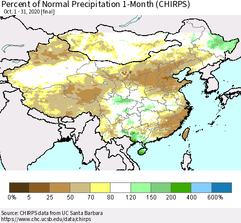 China and Taiwan Percent of Normal Precipitation 1-Month (CHIRPS) Thematic Map For 10/1/2020 - 10/31/2020