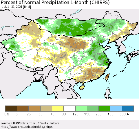 China and Taiwan Percent of Normal Precipitation 1-Month (CHIRPS) Thematic Map For 7/1/2021 - 7/31/2021