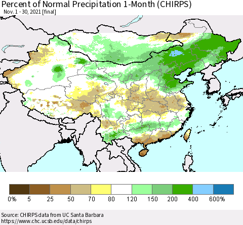 China, Mongolia and Taiwan Percent of Normal Precipitation 1-Month (CHIRPS) Thematic Map For 11/1/2021 - 11/30/2021