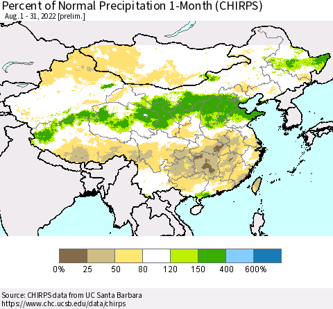 China and Taiwan Percent of Normal Precipitation 1-Month (CHIRPS) Thematic Map For 8/1/2022 - 8/31/2022