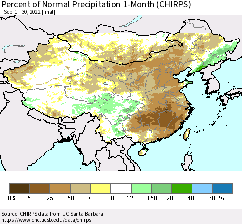 China and Taiwan Percent of Normal Precipitation 1-Month (CHIRPS) Thematic Map For 9/1/2022 - 9/30/2022