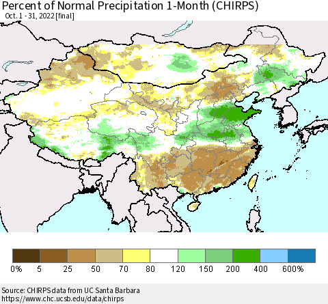 China, Mongolia and Taiwan Percent of Normal Precipitation 1-Month (CHIRPS) Thematic Map For 10/1/2022 - 10/31/2022