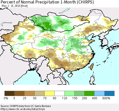 China, Mongolia and Taiwan Percent of Normal Precipitation 1-Month (CHIRPS) Thematic Map For 5/1/2023 - 5/31/2023