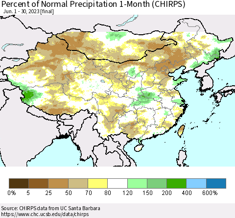 China, Mongolia and Taiwan Percent of Normal Precipitation 1-Month (CHIRPS) Thematic Map For 6/1/2023 - 6/30/2023