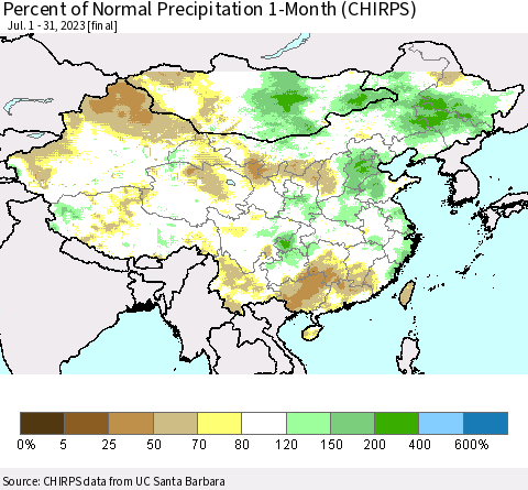 China, Mongolia and Taiwan Percent of Normal Precipitation 1-Month (CHIRPS) Thematic Map For 7/1/2023 - 7/31/2023