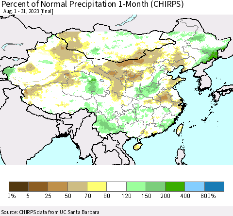 China, Mongolia and Taiwan Percent of Normal Precipitation 1-Month (CHIRPS) Thematic Map For 8/1/2023 - 8/31/2023
