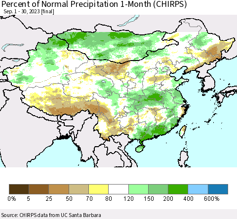 China, Mongolia and Taiwan Percent of Normal Precipitation 1-Month (CHIRPS) Thematic Map For 9/1/2023 - 9/30/2023
