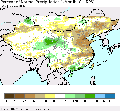China, Mongolia and Taiwan Percent of Normal Precipitation 1-Month (CHIRPS) Thematic Map For 10/1/2023 - 10/31/2023
