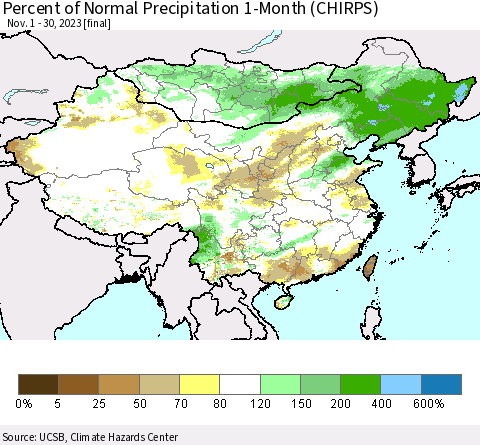 China, Mongolia and Taiwan Percent of Normal Precipitation 1-Month (CHIRPS) Thematic Map For 11/1/2023 - 11/30/2023