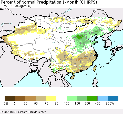 China, Mongolia and Taiwan Percent of Normal Precipitation 1-Month (CHIRPS) Thematic Map For 12/1/2023 - 12/31/2023