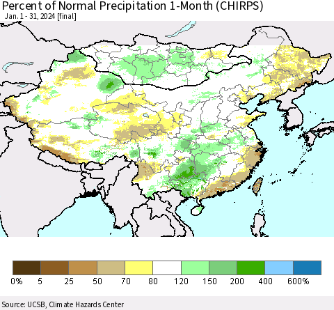 China, Mongolia and Taiwan Percent of Normal Precipitation 1-Month (CHIRPS) Thematic Map For 1/1/2024 - 1/31/2024