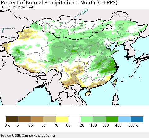 China, Mongolia and Taiwan Percent of Normal Precipitation 1-Month (CHIRPS) Thematic Map For 2/1/2024 - 2/29/2024