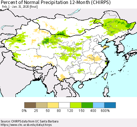 China and Taiwan Percent of Normal Precipitation 12-Month (CHIRPS) Thematic Map For 2/1/2019 - 1/31/2020