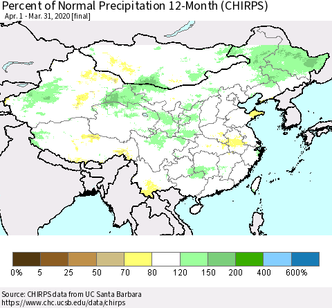China and Taiwan Percent of Normal Precipitation 12-Month (CHIRPS) Thematic Map For 4/1/2019 - 3/31/2020