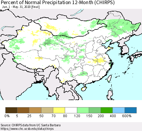 China, Mongolia and Taiwan Percent of Normal Precipitation 12-Month (CHIRPS) Thematic Map For 6/1/2019 - 5/31/2020
