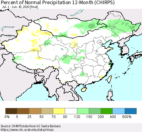 China, Mongolia and Taiwan Percent of Normal Precipitation 12-Month (CHIRPS) Thematic Map For 7/1/2019 - 6/30/2020