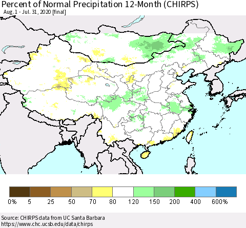 China, Mongolia and Taiwan Percent of Normal Precipitation 12-Month (CHIRPS) Thematic Map For 8/1/2019 - 7/31/2020