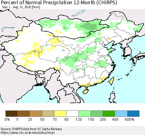 China and Taiwan Percent of Normal Precipitation 12-Month (CHIRPS) Thematic Map For 9/1/2019 - 8/31/2020