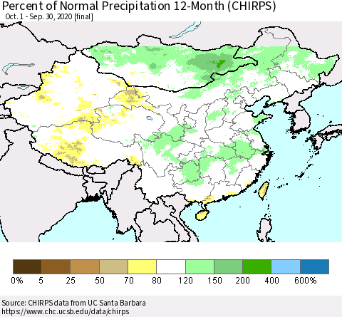 China, Mongolia and Taiwan Percent of Normal Precipitation 12-Month (CHIRPS) Thematic Map For 10/1/2019 - 9/30/2020