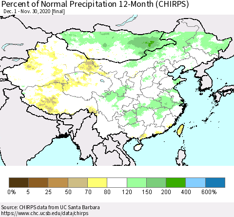 China and Taiwan Percent of Normal Precipitation 12-Month (CHIRPS) Thematic Map For 12/1/2019 - 11/30/2020