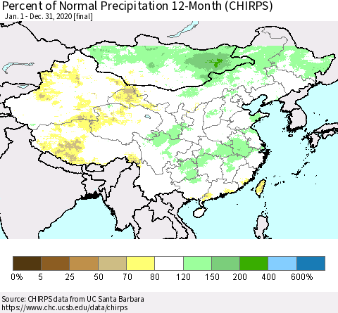 China and Taiwan Percent of Normal Precipitation 12-Month (CHIRPS) Thematic Map For 1/1/2020 - 12/31/2020