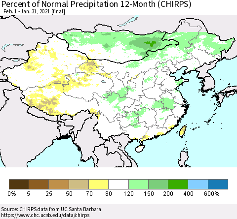 China, Mongolia and Taiwan Percent of Normal Precipitation 12-Month (CHIRPS) Thematic Map For 2/1/2020 - 1/31/2021