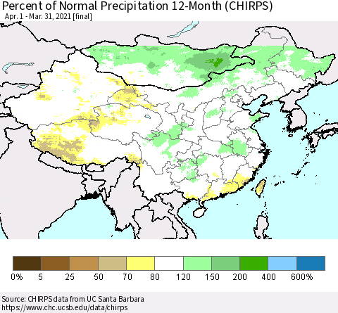 China and Taiwan Percent of Normal Precipitation 12-Month (CHIRPS) Thematic Map For 4/1/2020 - 3/31/2021