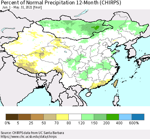 China, Mongolia and Taiwan Percent of Normal Precipitation 12-Month (CHIRPS) Thematic Map For 6/1/2020 - 5/31/2021