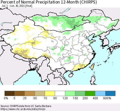 China, Mongolia and Taiwan Percent of Normal Precipitation 12-Month (CHIRPS) Thematic Map For 7/1/2020 - 6/30/2021