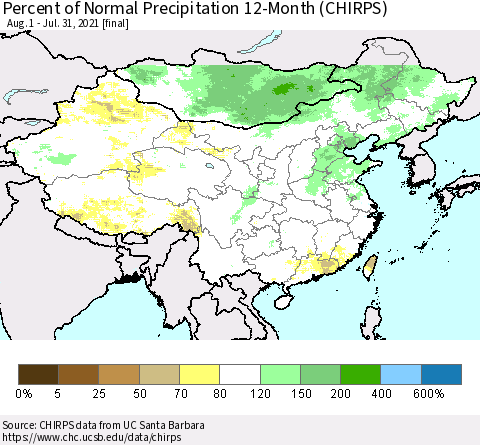 China, Mongolia and Taiwan Percent of Normal Precipitation 12-Month (CHIRPS) Thematic Map For 8/1/2020 - 7/31/2021